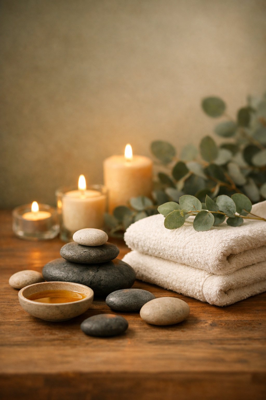 Angel Massage Zürich - Wellness Atmosphäre mit Kerzen, heissen Steinen und Eukalyptus